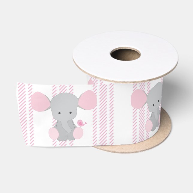 Infant Baby Girl Pink Elephant w/Stripes Satin Ribbon (Spool)