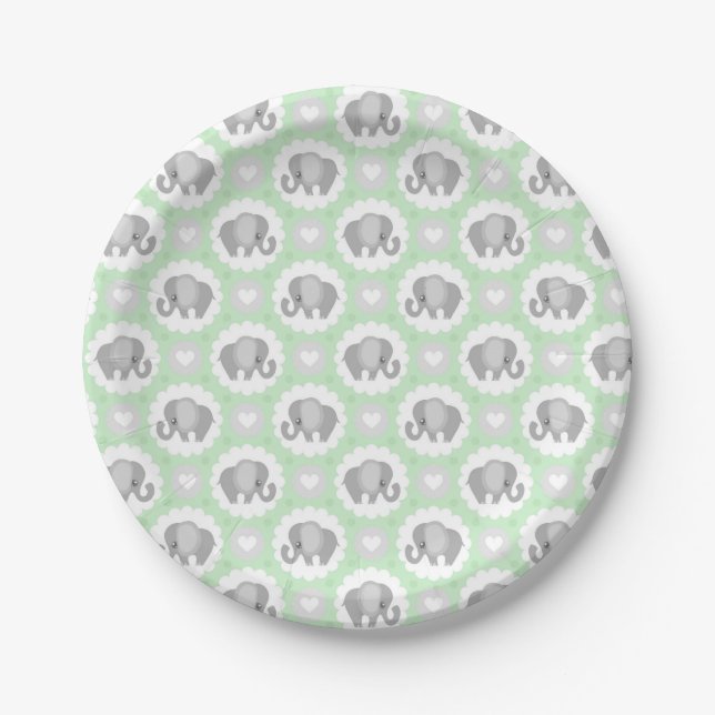 Infant Baby Neutral Teal Mint Elephant Shower Gift Paper Plates (Front)