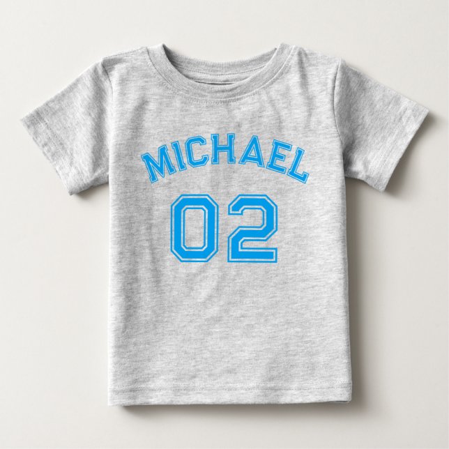 Infant Boy Blue Name Jersey Number Sports Cotton Baby T-Shirt (Front)