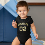Infant Boy Girl Name Jersey Number Sports Cotton Baby Bodysuit<br><div class="desc">Create your own custom, personalized, cool, unisex sizing, modern, stylish faux gold typography / font / script, monogrammed player name jersey number classy black, 100% combed ring spun cotton super soft one-piece / bodysuit / infant creeper, with EasyTear™ label, a neckband that is designed for easy on-and-off, and reinforced three-snap...</div>