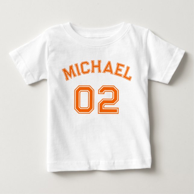 Infant Boy Girl Orange Name Jersey Number Sports Baby T-Shirt (Front)