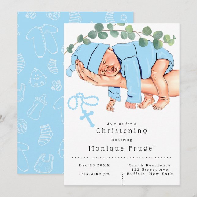 Infant Boy on Mommy Arms Rosary Blue Christening Invitation (Front/Back)