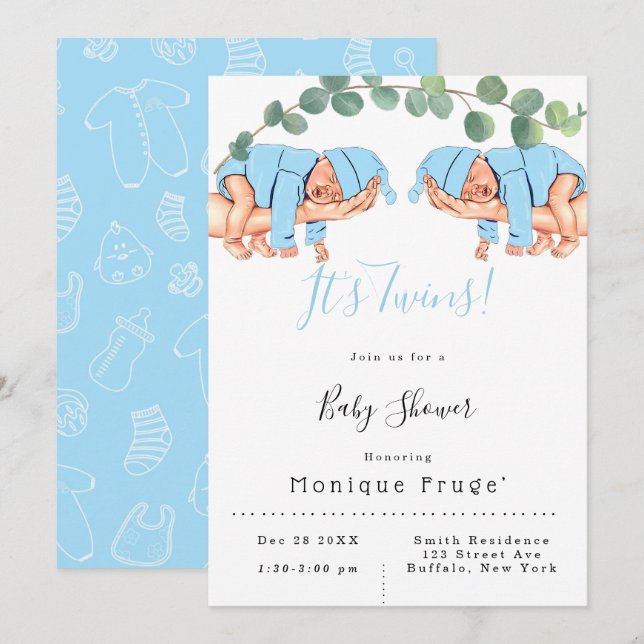 Infant Boy On Mommy’s Arm It’s Twins Baby Shower  Invitation (Front/Back)