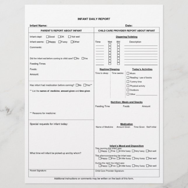 Infant Daily Report Sheet (Front)