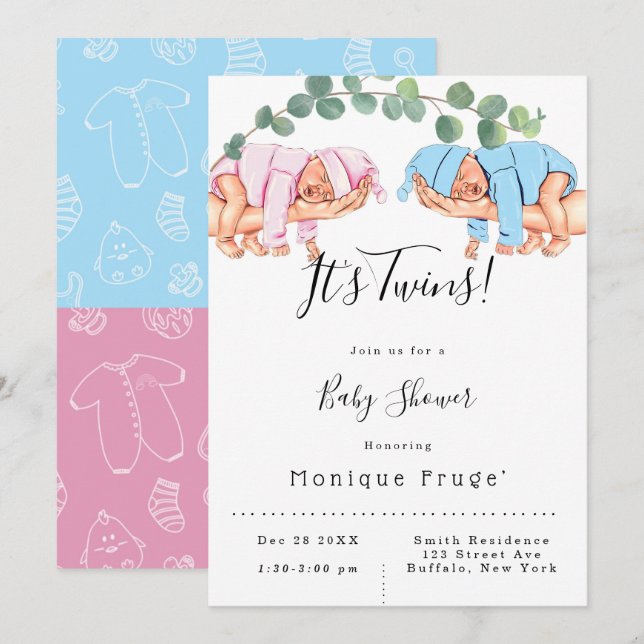 Infant Girl Boy Mommy’s Arm It’s Twins Baby Shower Invitation (Front/Back)