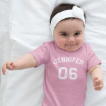 Infant Girl Name Jersey Number Pink Sports Cotton Baby Bodysuit<br><div class="desc">Create your own custom, personalized, cool, unisex sizing, modern, stylish white typography / font / script, monogrammed player name jersey number classy baby pink, 100% combed ring spun cotton super soft one-piece / bodysuit / infant creeper, with EasyTear™ label, a neckband that is designed for easy on-and-off, and reinforced three-snap...</div>
