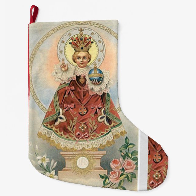 Infant Jesus of Prague w Roses Large Christmas Stocking (Front)