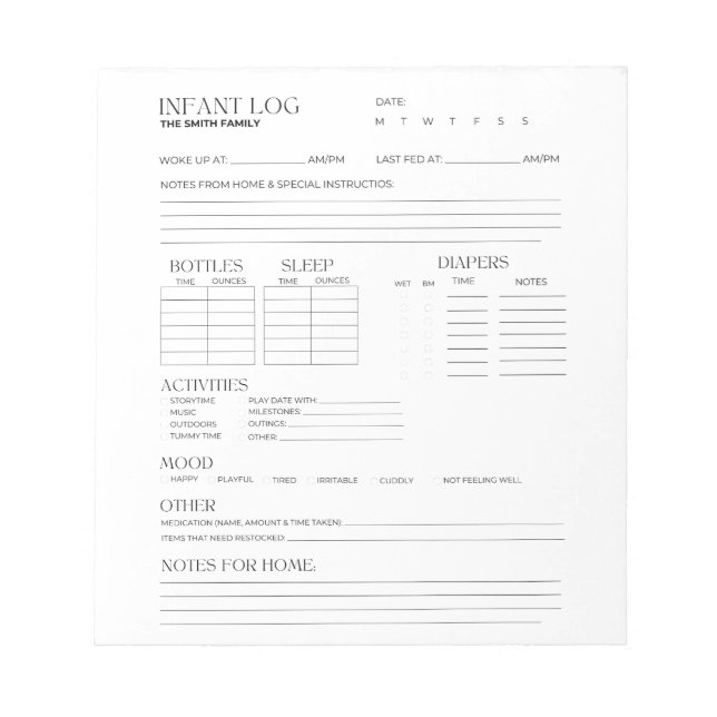 Infant Log, Infant Tracker, Infant Nanny Log Notepad (Front)