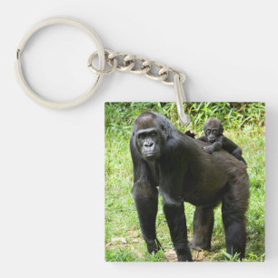 Infant Lowland Gorilla on Mother's Back Keychain