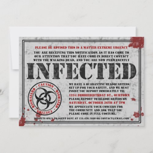 Infected Notice Zombie Birthday Party Invitations