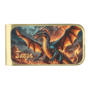Infernal Dragon with Flaming Wings Gold Finish Money Clip