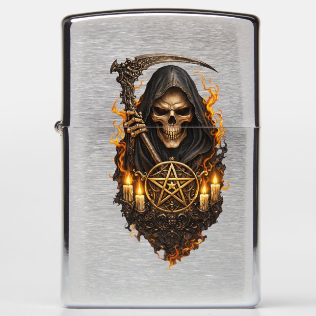 Infernal Skull of the Reaper – Gothic Fire Art Zippo Lighter (Front)