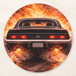 Inferno Burnout Muscle Car Round Paper Coaster