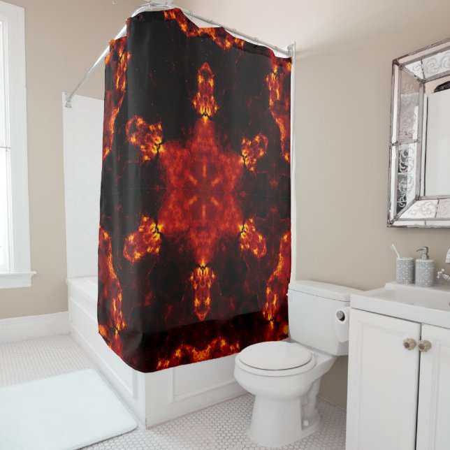 Inferno Nexus – Fiery Kaleidoscope Art Shower Curtain (In Situ)