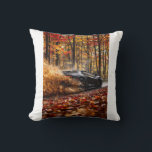 Inferno Run – Black Velocity Through Autumn Flame Throw Pillow<br><div class="desc">A matte black sports car rips through a dense autumn forest, its engine screaming as it carves impossible lines between towering trees. A storm of golden, crimson, and fiery orange leaves erupts in its wake, caught in a chaotic dance of speed and color. The camera hugs tight behind, dipping and...</div>