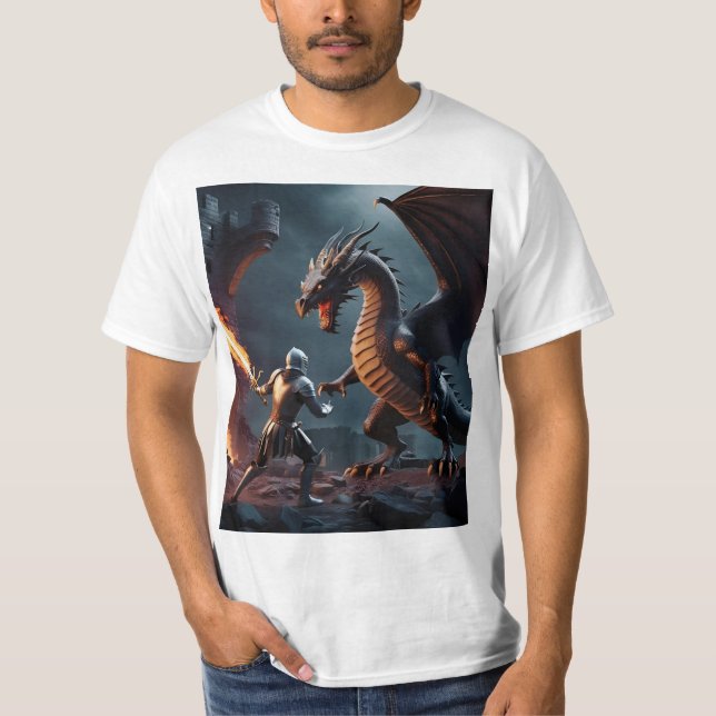Inferno’s Edge: Knight Faces the Beast T-Shirt (Front)