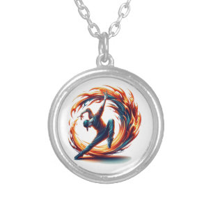 Inferno Spin – Fiery Breakdance Art Silver Plated Necklace