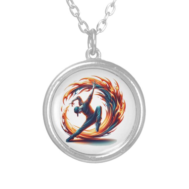 Inferno Spin – Fiery Breakdance Art Silver Plated Necklace (Front)