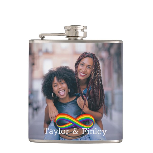 Infinite Rainbow Favor Add Photo Gay Wedding Flask (Front)