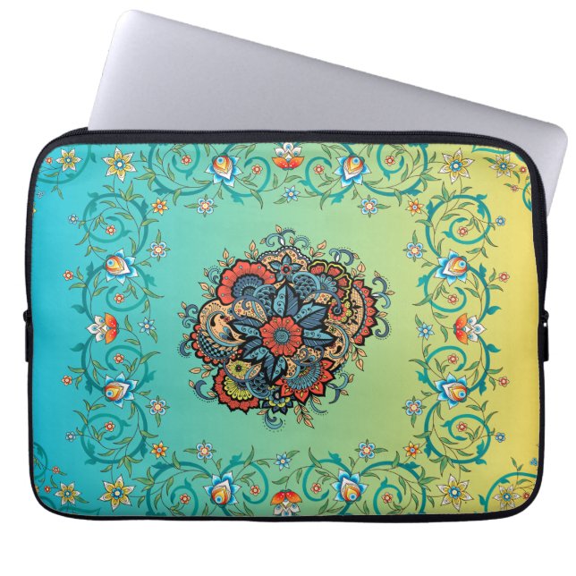 Infinite Splendor – Green Mehndi Floral Design Laptop Sleeve (Front)