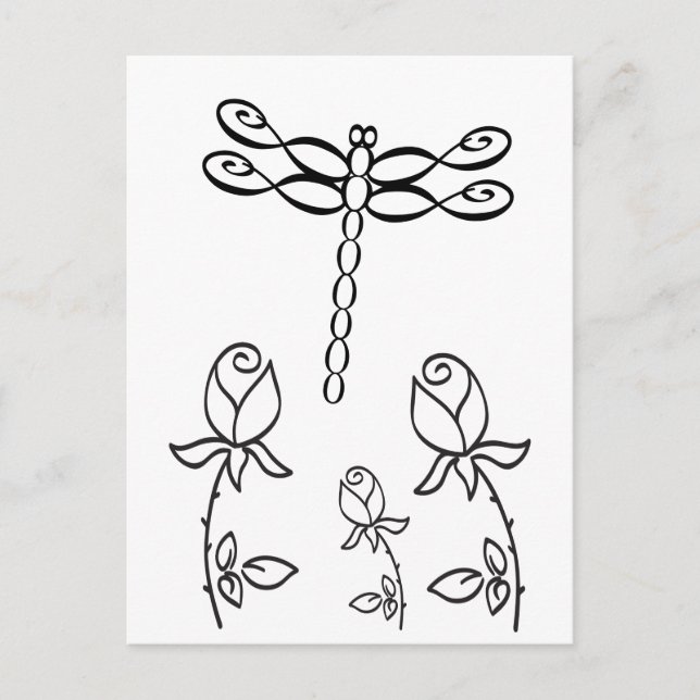 Infinity Dragonfly with Roses Black and White Postcard (Front)