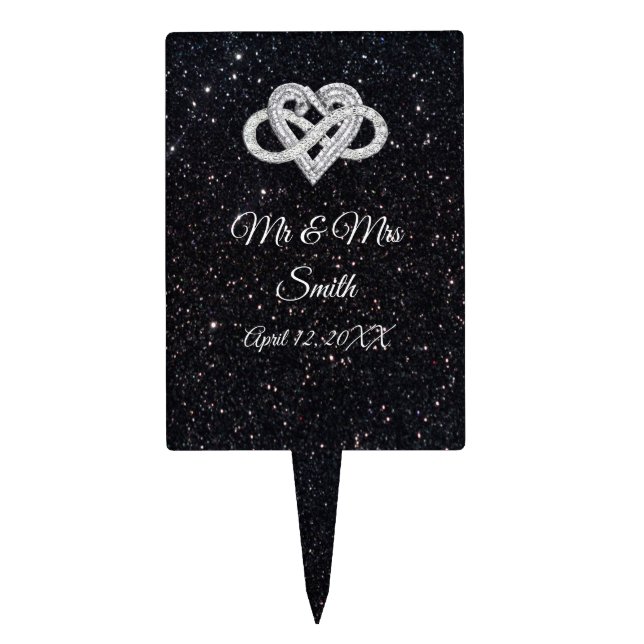 Infinity Heart Black Glitter Wedding Cake Topper (Front)