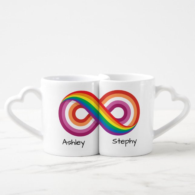 Infinity Lesbian Pride (5 Stripes) Personalized Coffee Mug Set (Front Nesting)