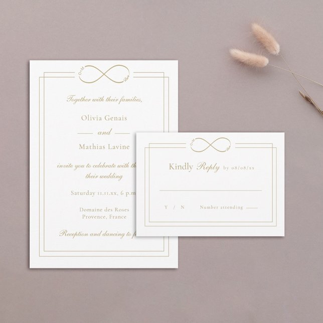 Infinity Love Monogram Gold Borders White Wedding  RSVP Card (Creator Uploaded)
