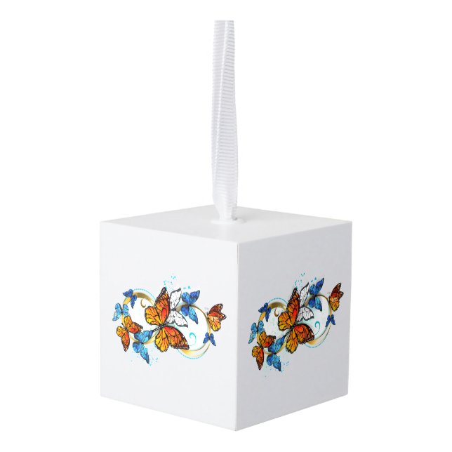 Infinity of Monarch Butterflies Cube Ornament (Back Angled)