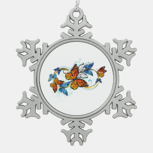 Infinity of Monarch Butterflies Snowflake Pewter Christmas Ornament (Front)