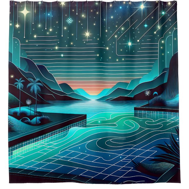 "Infinity Pool at Twilight: Serene Nightscape" Shower Curtain (Front)