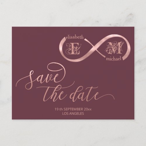 Infinity rose gold romantic monogram calligraphy a announcement postcard