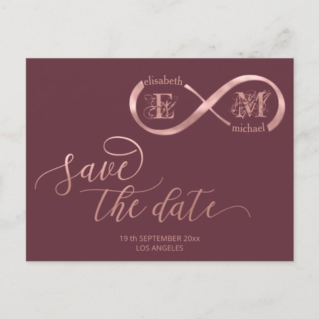 Infinity rose gold romantic monogram calligraphy announcement postcard (Front)