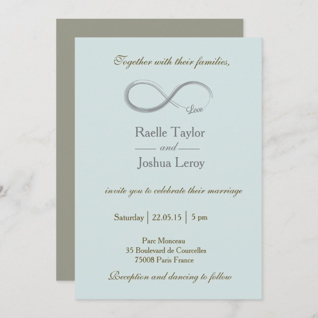 Infinity sign blue gray taupe wedding invitation (Front/Back)