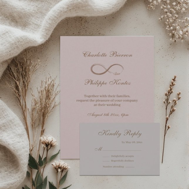 Infinity Sign Dusty Pink Gray Gold Wedding RSVP Invitation (Creator Uploaded)
