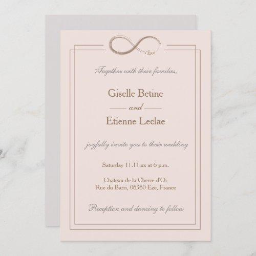 Infinity Sign Elegant Blush Pink Gray Gold Wedding Invitation