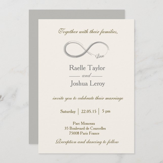 Infinity sign ivory white gray wedding invitation (Front/Back)