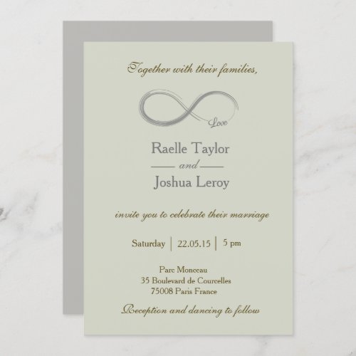 Infinity sign khaki green gray wedding invitation