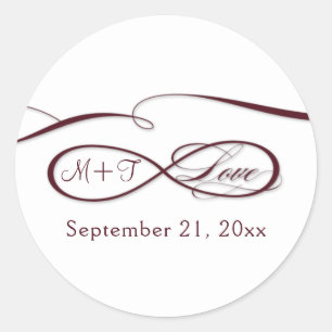 Infinity Sign Love Script Burgundy White Wedding Classic Round Sticker