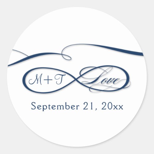 Infinity Sign Love Script Navy Blue White Wedding Classic Round Sticker