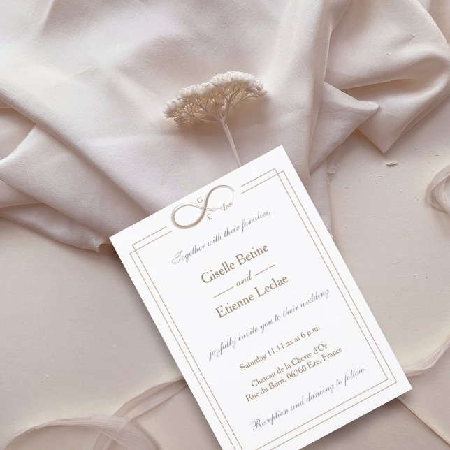 Infinity Sign Monogram Gold White Gray Wedding Invitation (Creator Uploaded)