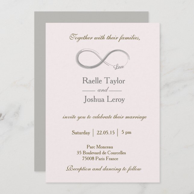 Infinity sign rose pink gray wedding invitation (Front/Back)
