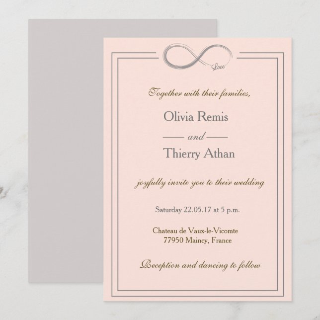 Infinity sign unique coral pink gold gray wedding invitation (Front/Back)