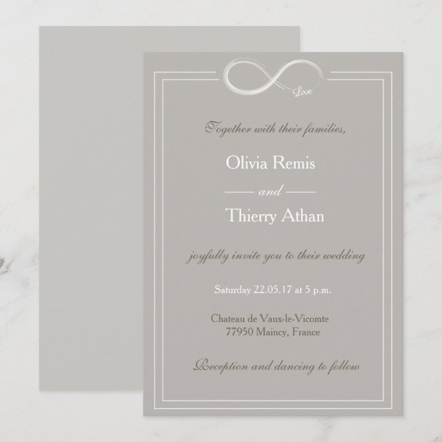 Infinity sign unique gray white taupe wedding invitation (Front/Back)