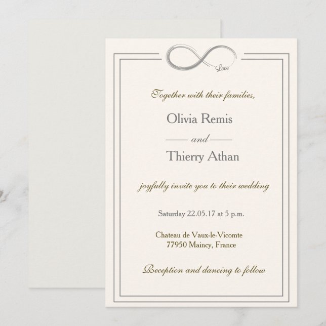 Infinity sign unique ivory white gold gray wedding invitation (Front/Back)