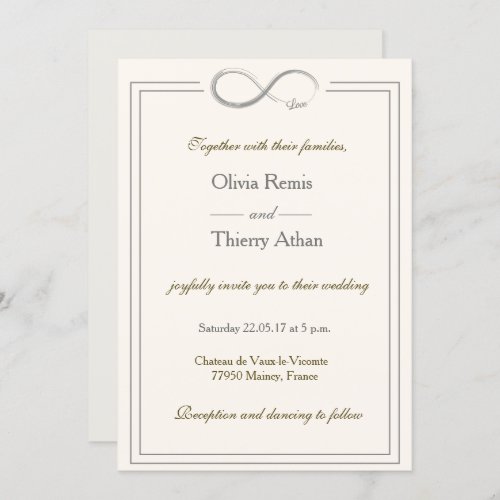 Infinity sign unique ivory white gold gray wedding invitation