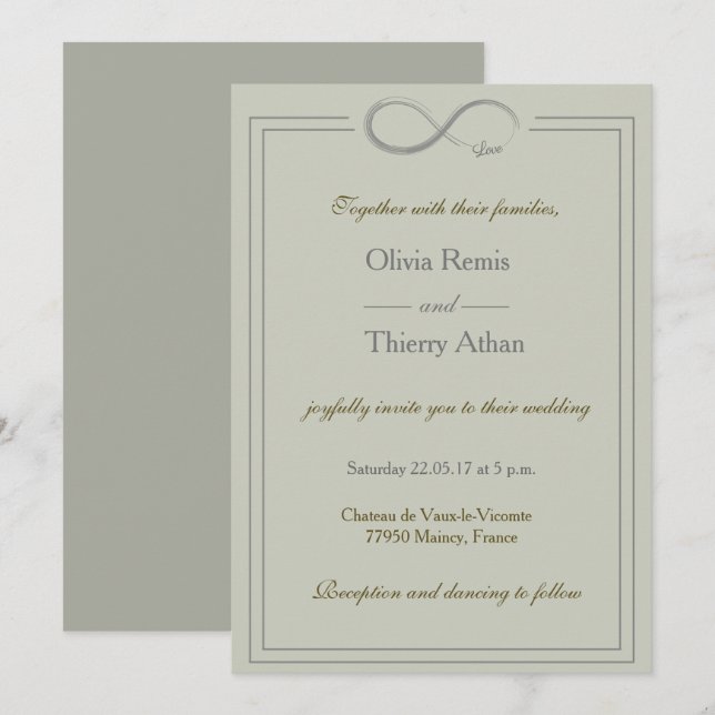 Infinity sign unique olive green gold gray wedding invitation (Front/Back)