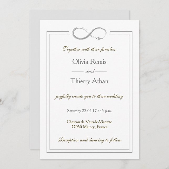Infinity sign unique pure white gold gray wedding invitation (Front/Back)