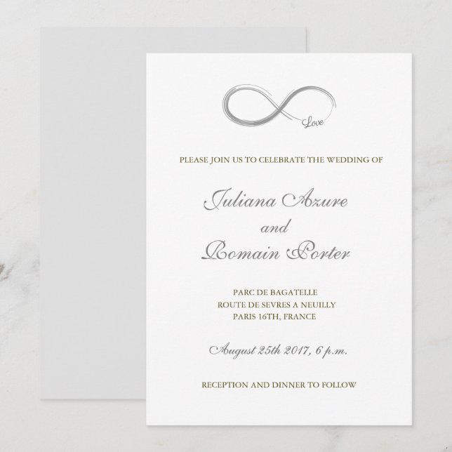 Infinity sign unique pure white gold gray wedding invitation (Front/Back)