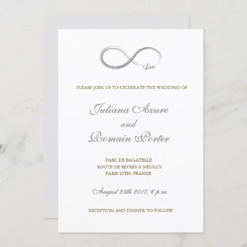 Infinity sign unique pure white gold gray wedding invitation